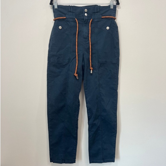 Veronica Beard Womens Karter Pants 28 Blue Straight Belted Cotton Pleated Crop - Picture 1 of 10